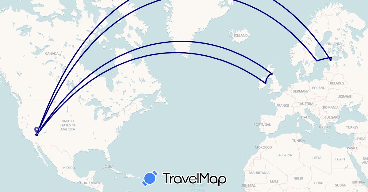 TravelMap itinerary: driving in Estonia, Finland, United Kingdom, Ireland, Sweden, United States (Europe, North America)